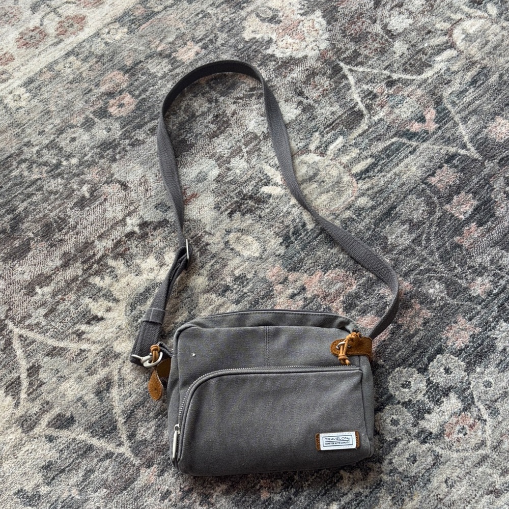 Travelon Gray Crossbody Travel Bag with Brown Accents